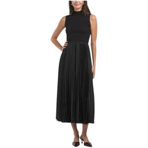 ELIE TAHARI Mix Media Knit Pleated Midi Dress
